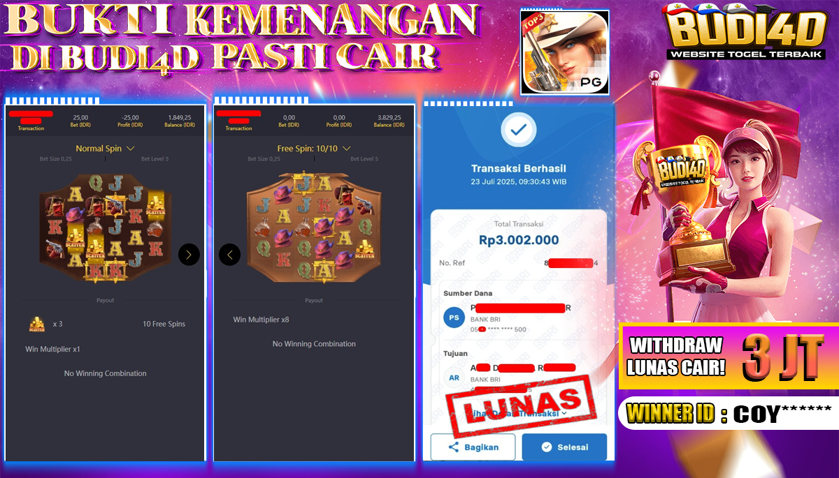 BUDI4D JACKPOT USERID: COY**** SLOT PGSOFT WILD BOUNTY SHOWDOWN 2 Rp.3.002.000,- LUNAS